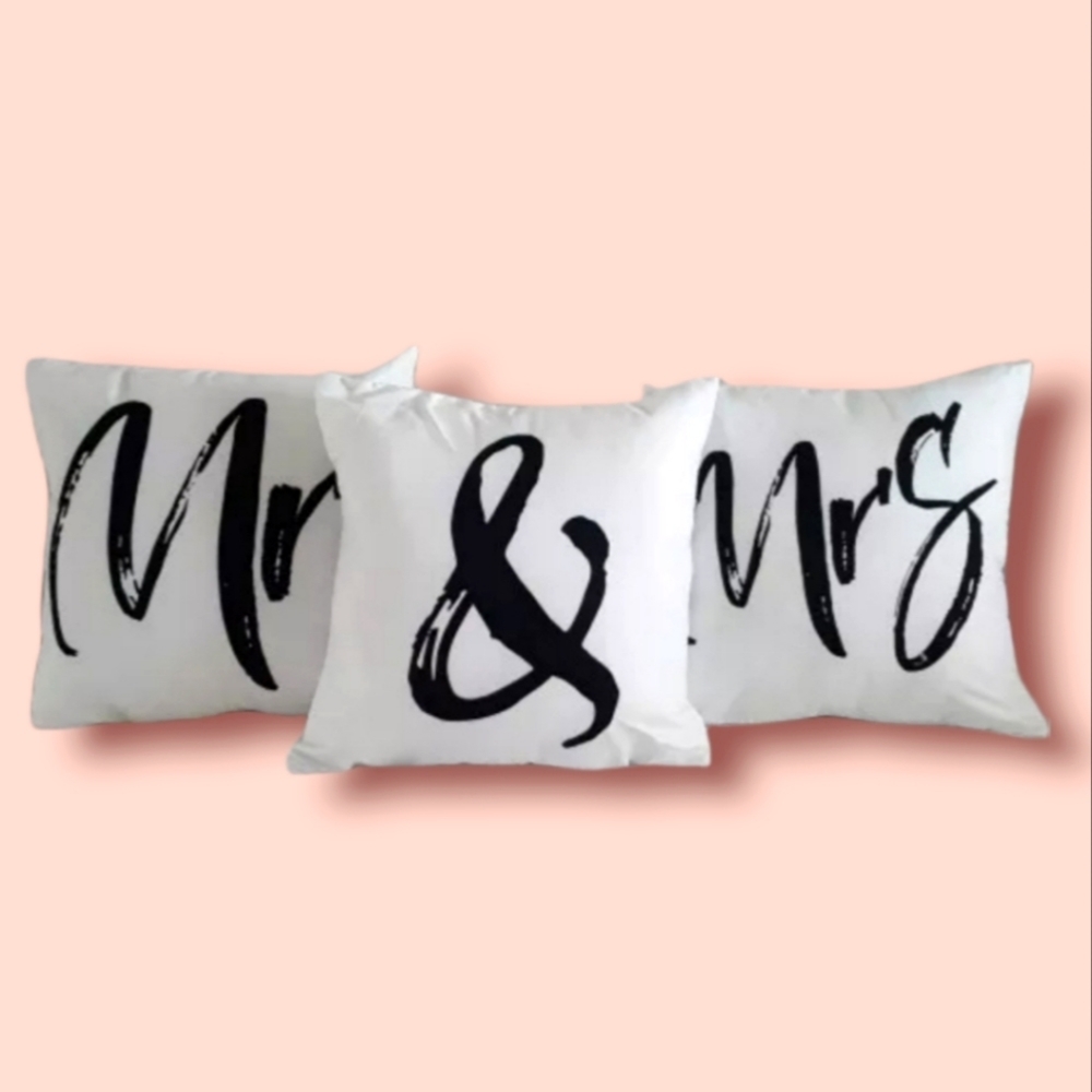 Mr & Mrs Decorative Throw Pillow Covers – Set of 3 (New)